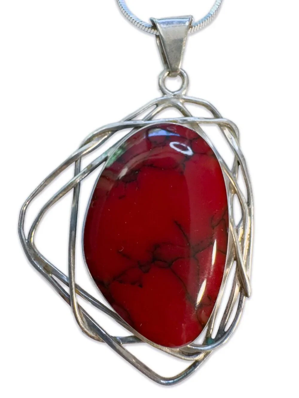 Mexican Red Jasper Sterling Silver Wire Pendant Italian 925 FAS Chain Necklace